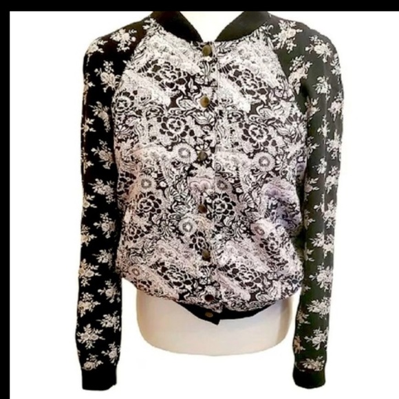 Free People Black Floral Snap Bomber Jacket. - Picture 10 of 14